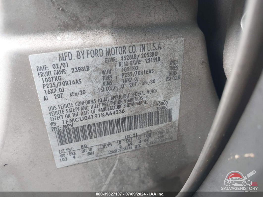 1FMCU04191KA64236 2001 FORD ESCAPE photo no. 9