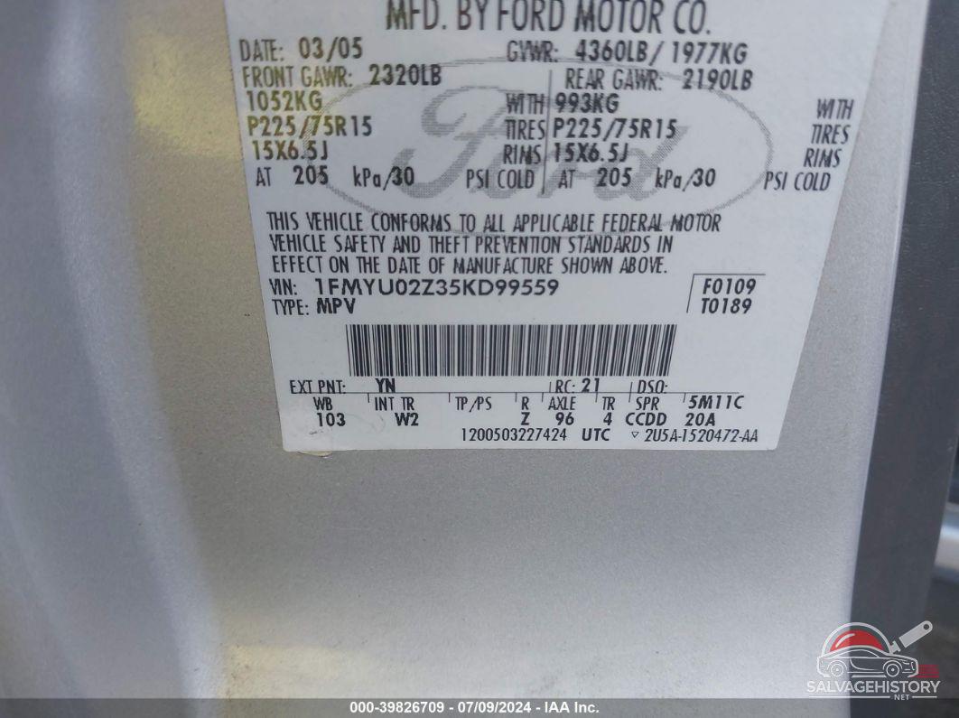 1FMYU02Z35KD99559 2005 FORD ESCAPE photo no. 9