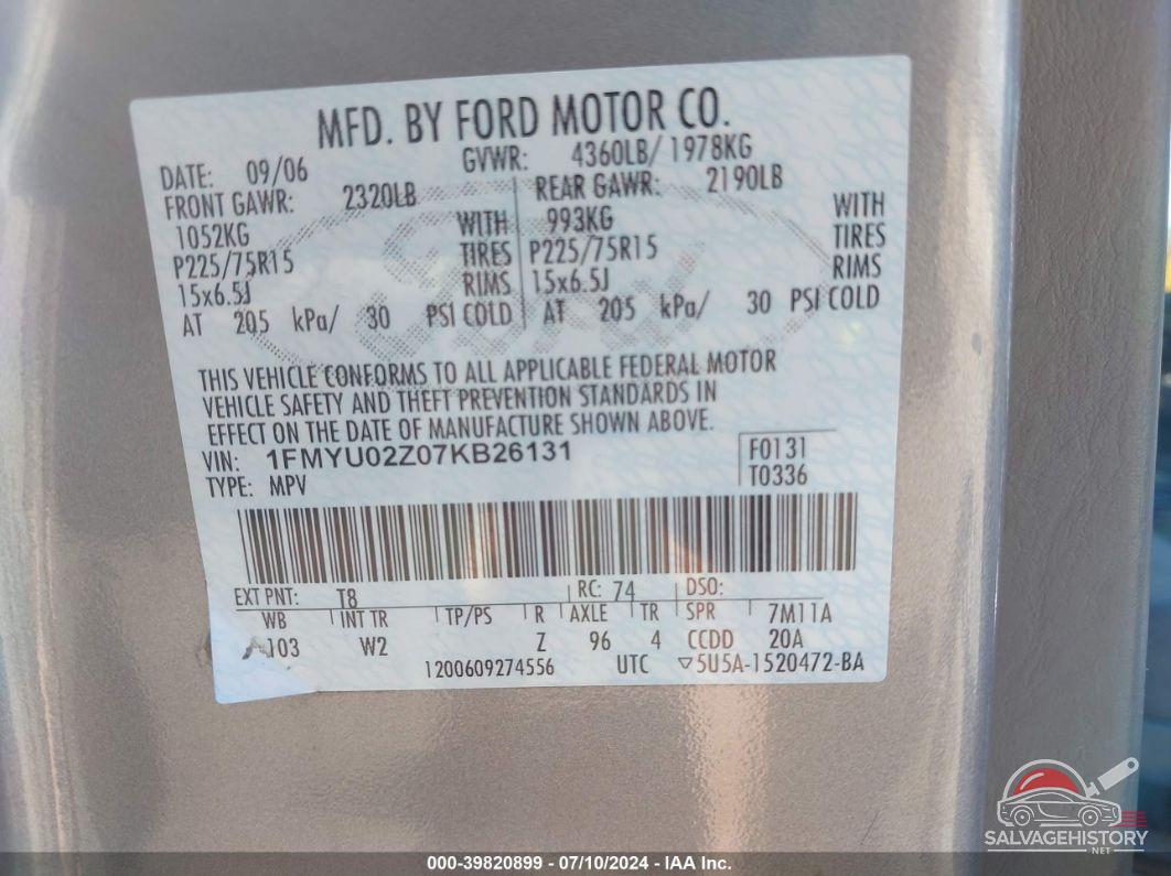 1FMYU02Z07KB26131 2007 FORD ESCAPE photo no. 9