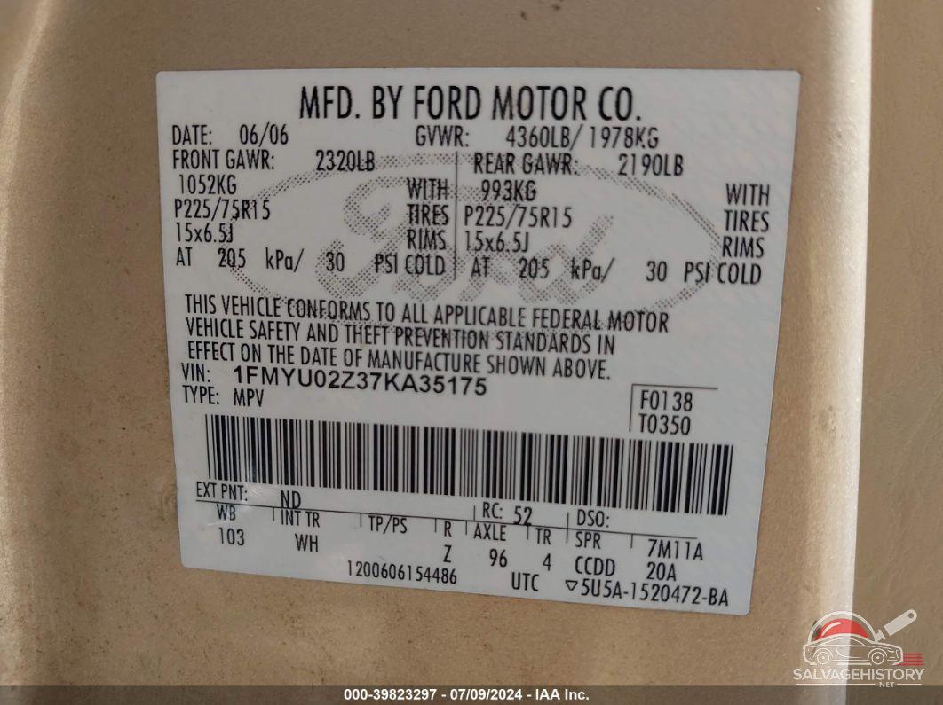 1FMYU02Z37KA35175 2007 FORD ESCAPE photo no. 9
