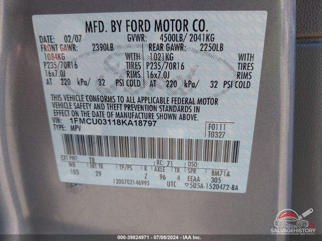 1FMCU03118KA18797 2008 FORD ESCAPE photo no. 9