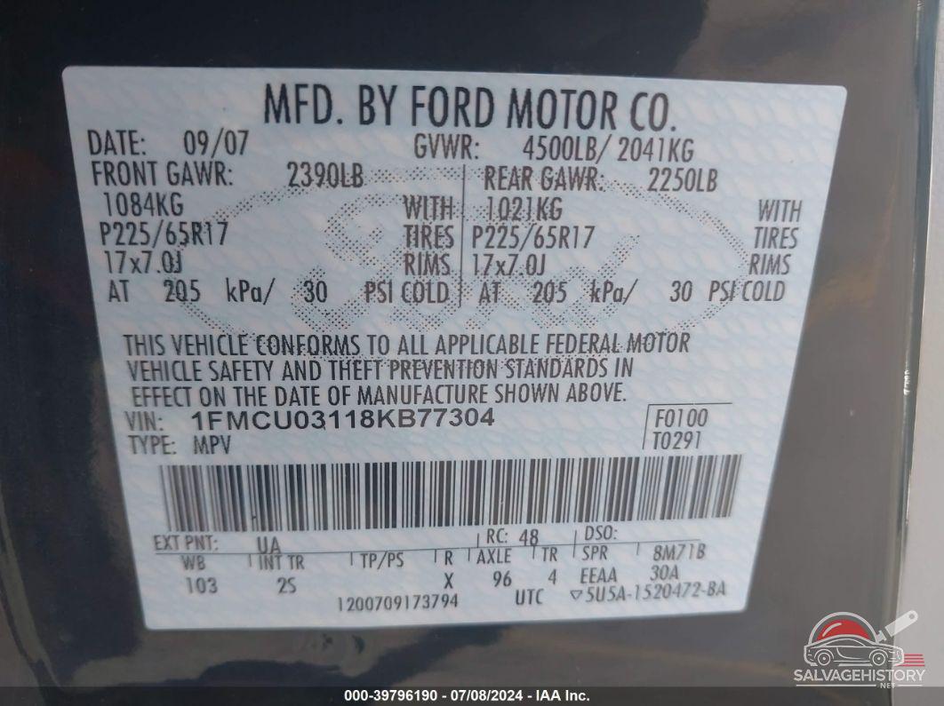 1FMCU03118KB77304 2008 FORD ESCAPE photo no. 9