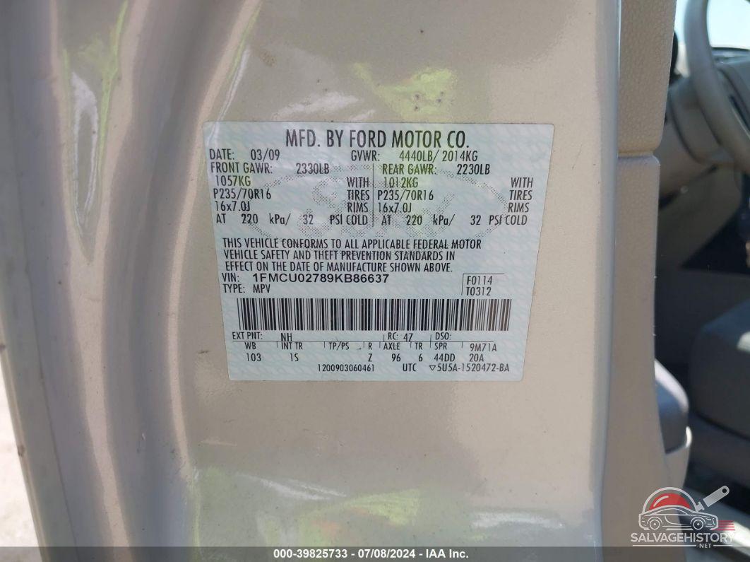 1FMCU02789KB86637 2009 FORD ESCAPE photo no. 9