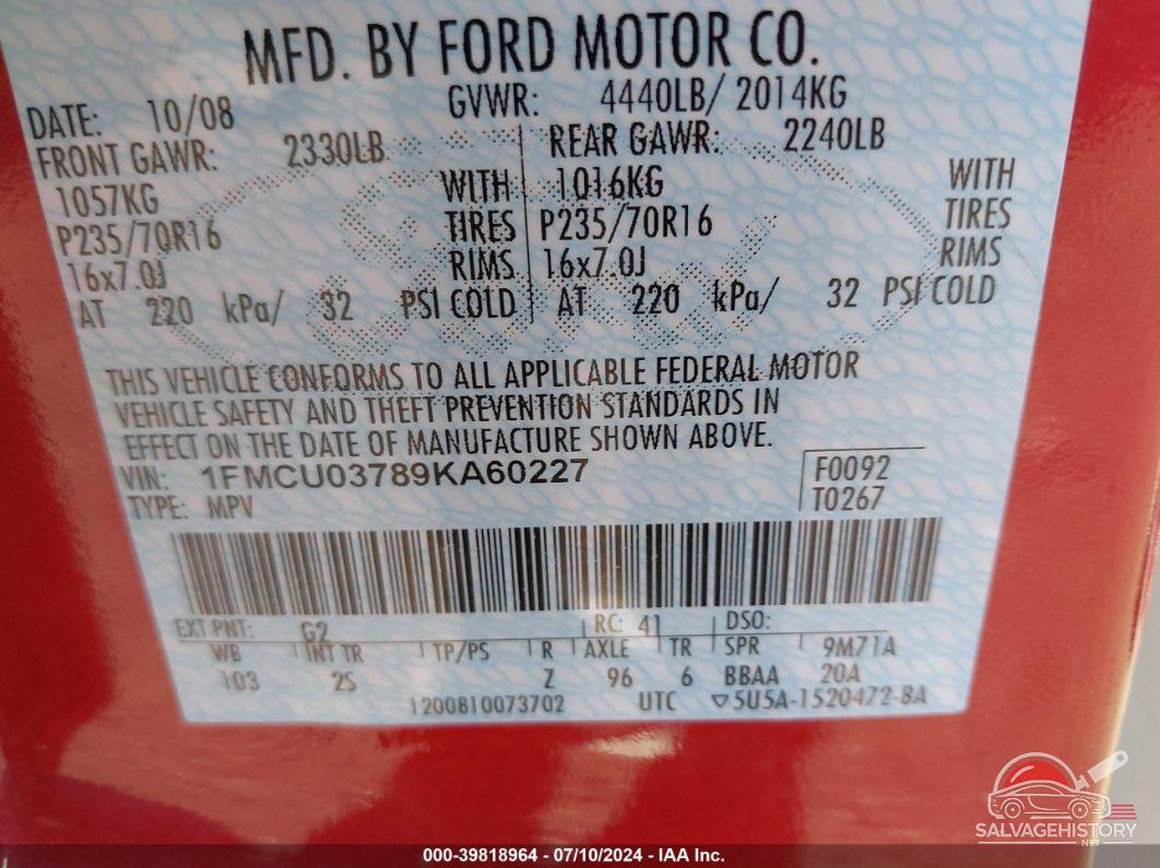 1FMCU03789KA60227 2009 FORD ESCAPE photo no. 9