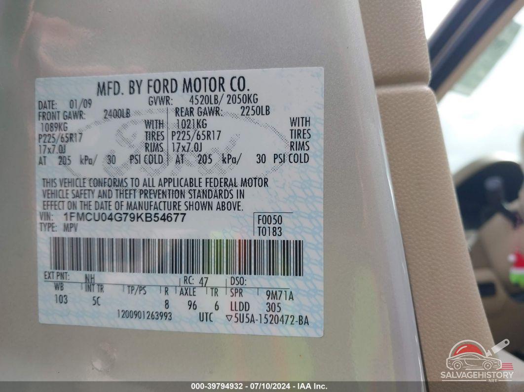 1FMCU04G79KB54677 2009 FORD ESCAPE photo no. 9