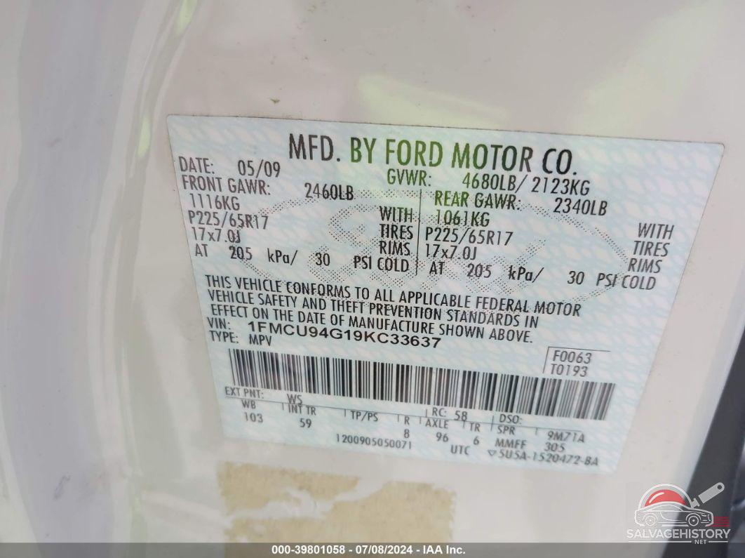 1FMCU94G19KC33637 2009 FORD ESCAPE photo no. 9