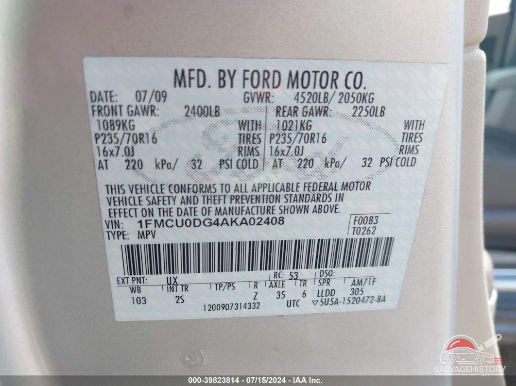 1FMCU0DG4AKA02408 2010 FORD ESCAPE photo no. 9