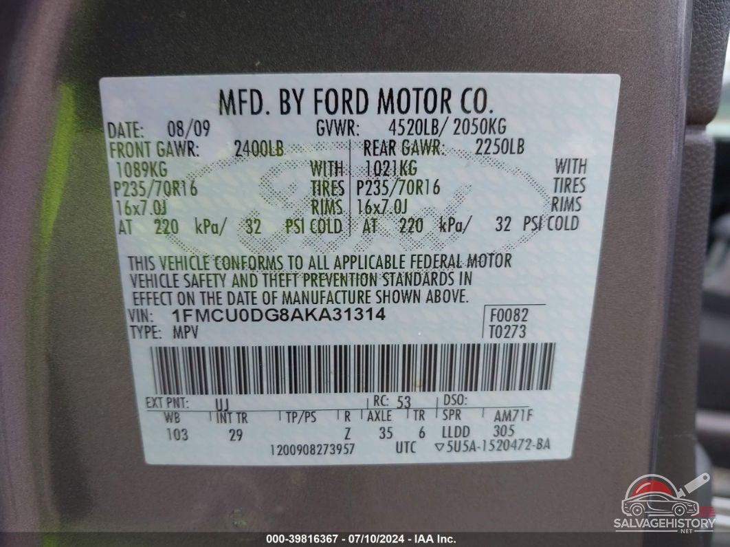 1FMCU0DG8AKA31314 2010 FORD ESCAPE photo no. 9