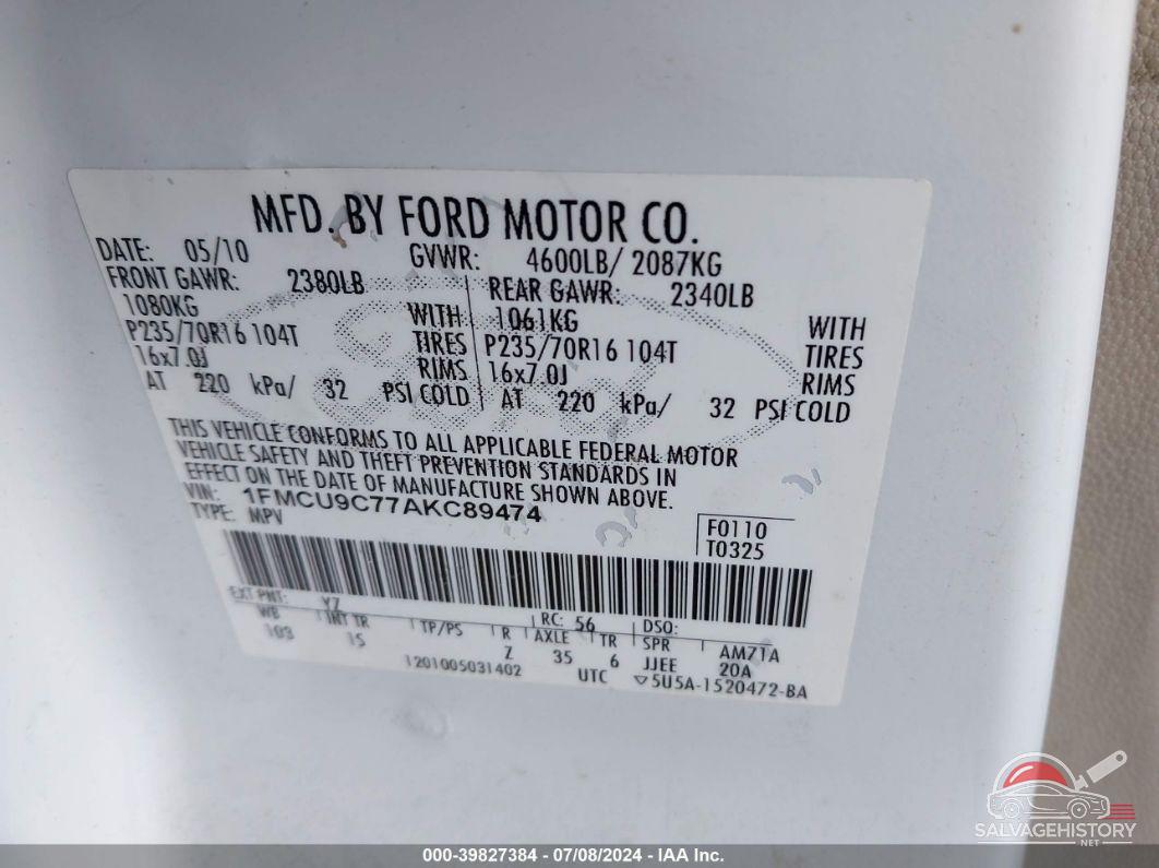 1FMCU9C77AKC89474 2010 FORD ESCAPE photo no. 9