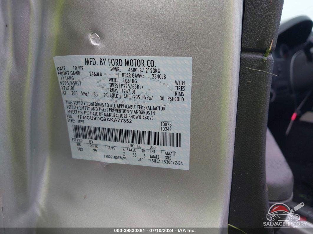1FMCU9DG9AKA77352 2010 FORD ESCAPE photo no. 9