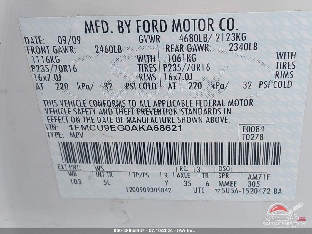 1FMCU9EG0AKA68621 2010 FORD ESCAPE photo no. 9