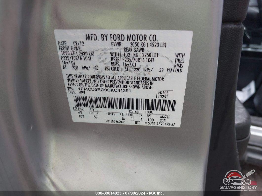 1FMCU0EG0CKC41391 2012 FORD ESCAPE photo no. 9