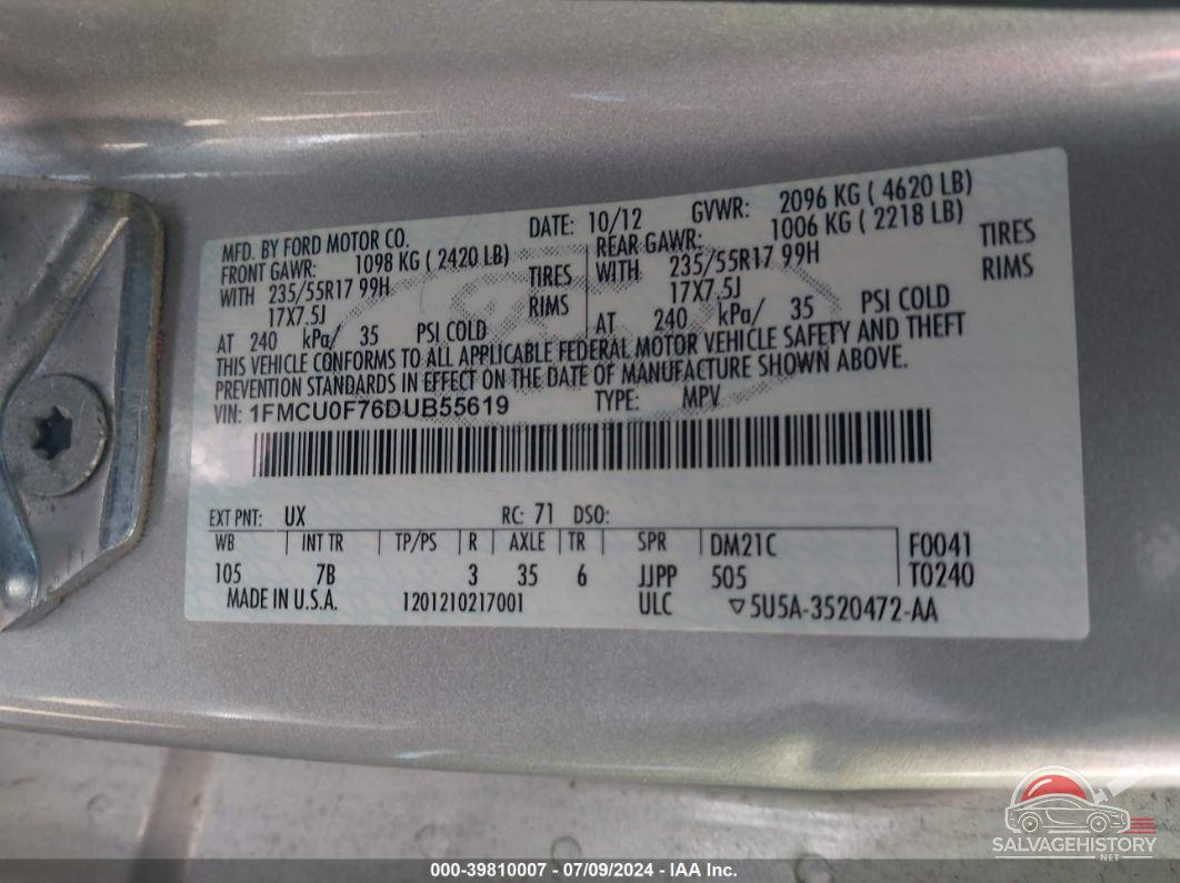 1FMCU0F76DUB55619 2013 FORD ESCAPE photo no. 9