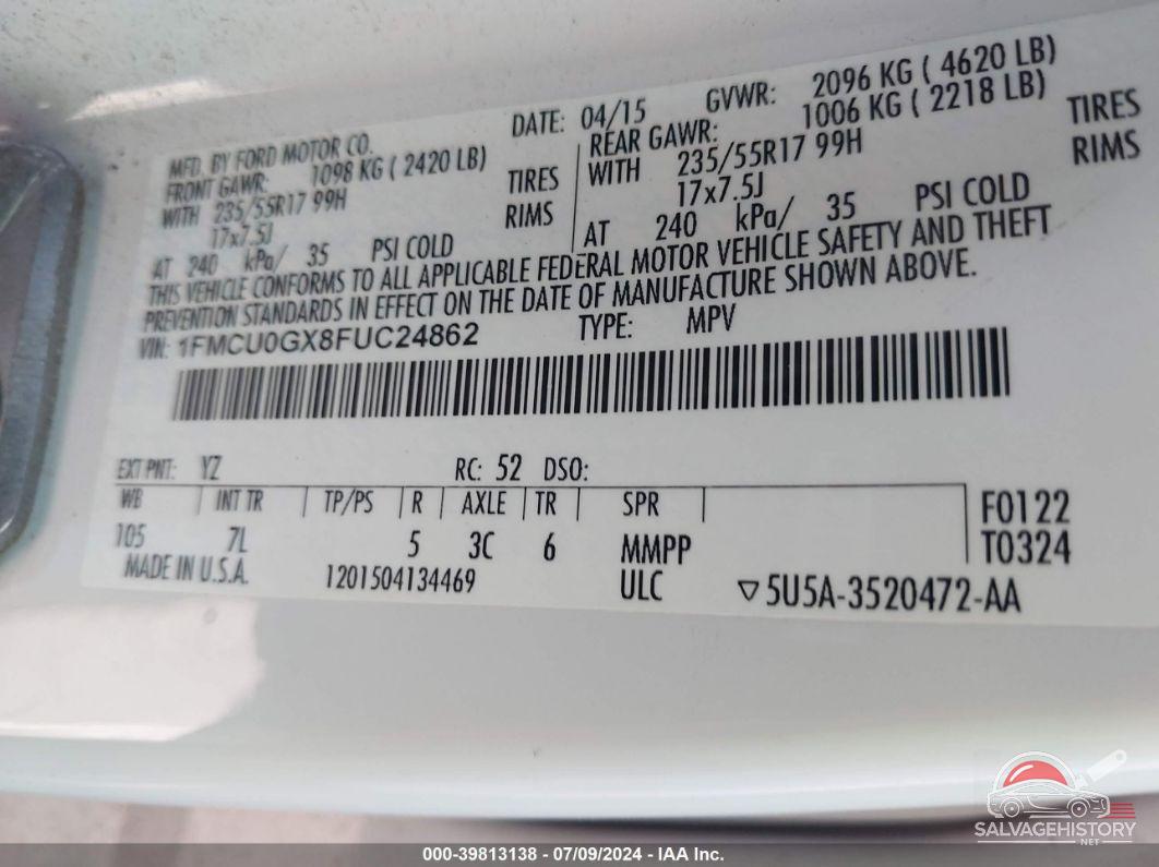 1FMCU0GX8FUC24862 2015 FORD ESCAPE photo no. 9