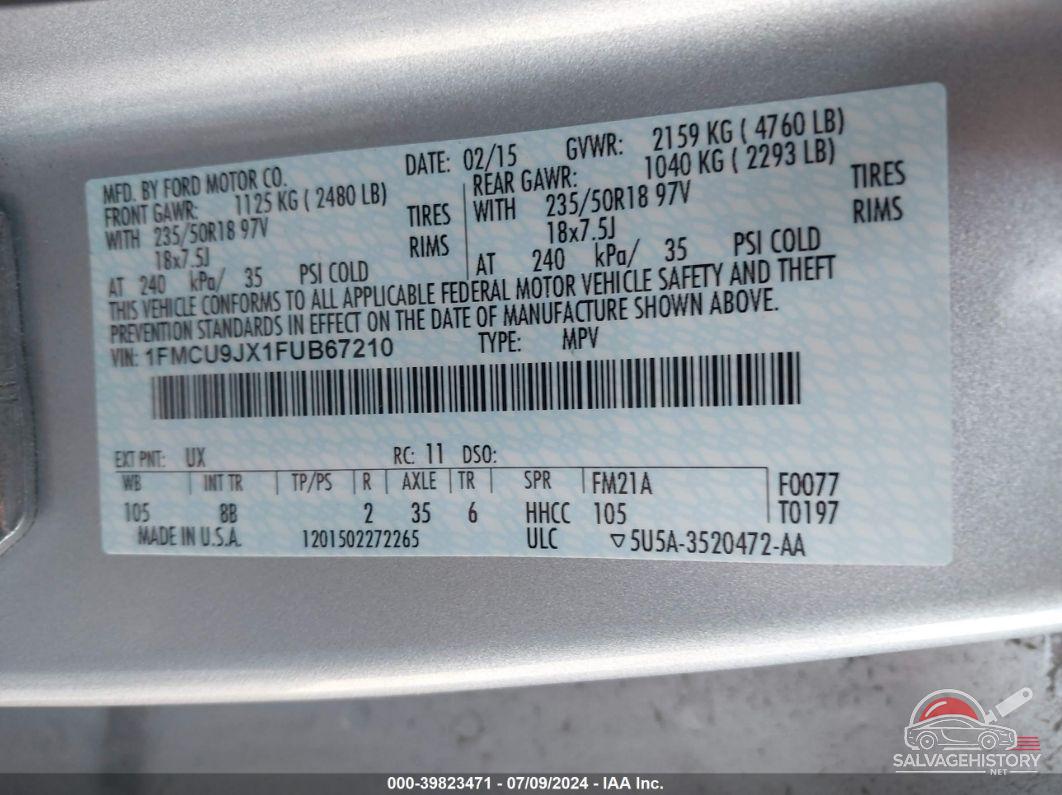 1FMCU9JX1FUB67210 2015 FORD ESCAPE photo no. 9