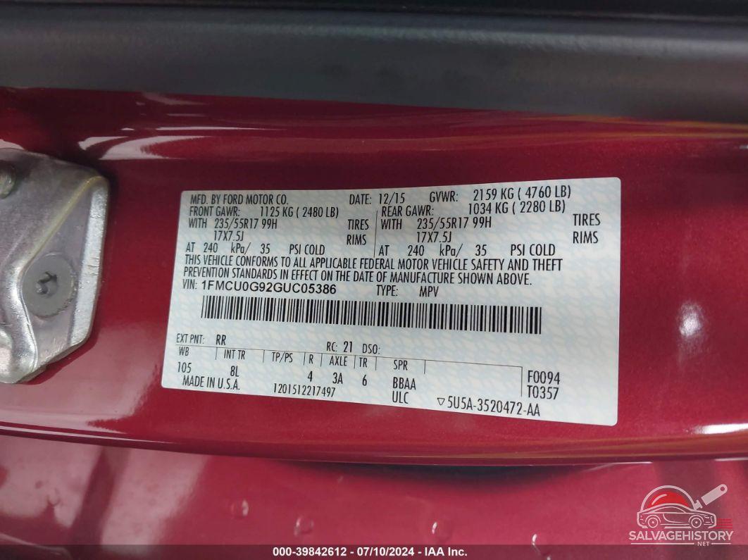 1FMCU0G92GUC05386 2016 FORD ESCAPE photo no. 9
