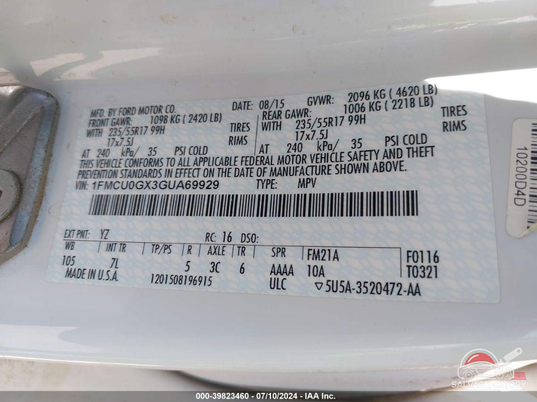 1FMCU0GX3GUA69929 2016 FORD ESCAPE photo no. 9