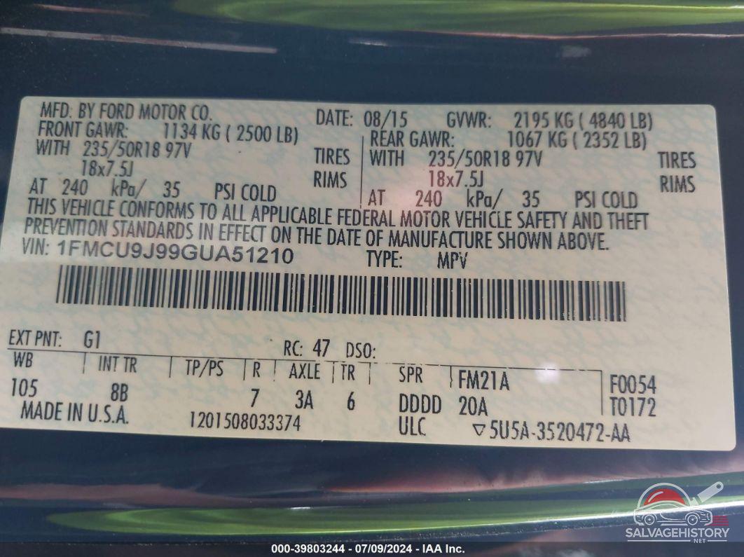 1FMCU9J99GUA51210 2016 FORD ESCAPE photo no. 9
