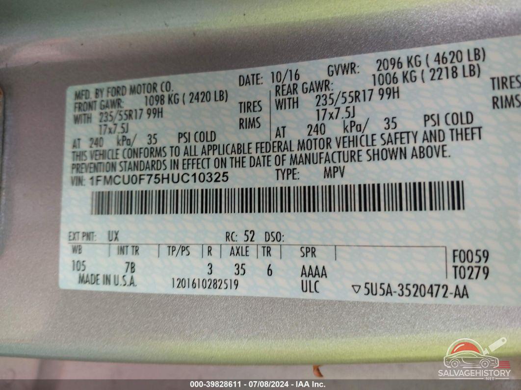 1FMCU0F75HUC10325 2017 FORD ESCAPE photo no. 9