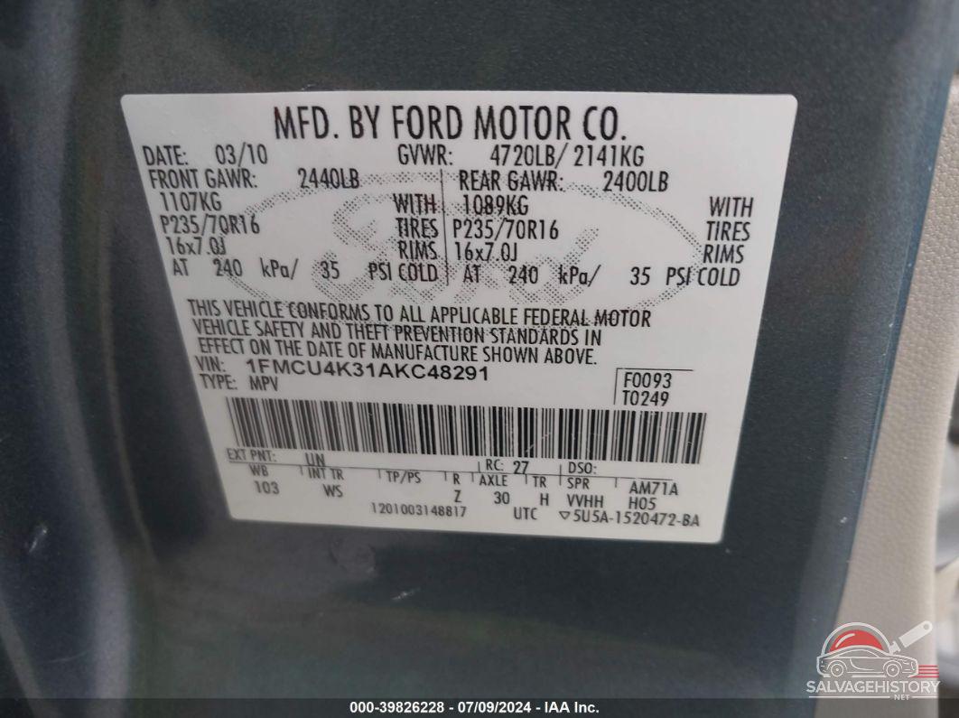 1FMCU4K31AKC48291 2010 FORD ESCAPE HYBRID photo no. 9