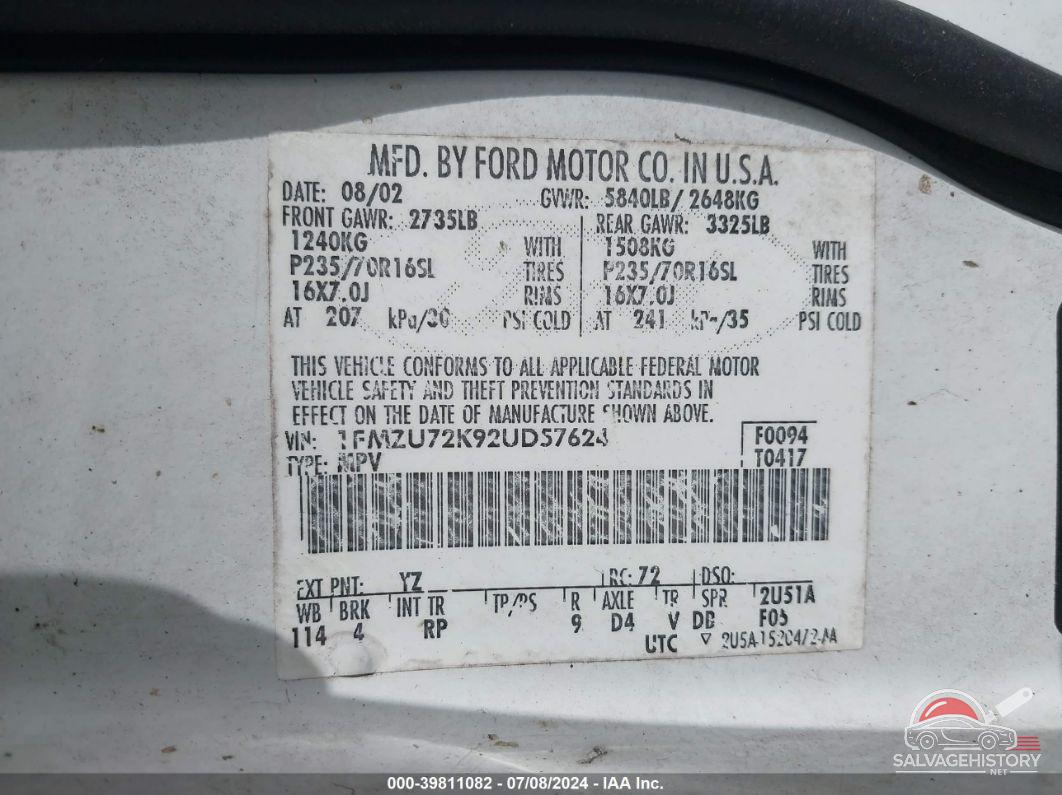 1FMZU72K92UD57624 2002 FORD EXPLORER photo no. 9
