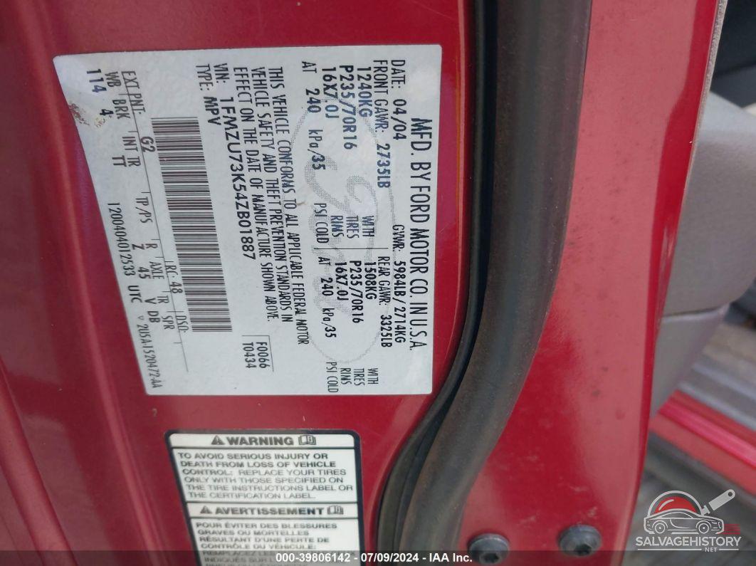 1FMZU73K54ZB01887 2004 FORD EXPLORER photo no. 9