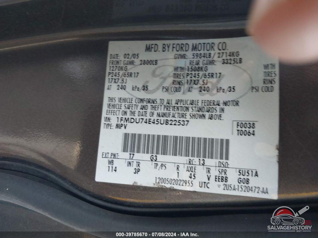 1FMDU74E45UB22537 2005 FORD EXPLORER photo no. 9