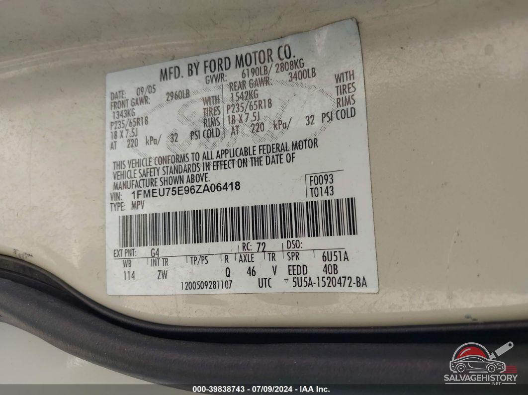 1FMEU75E96ZA06418 2006 FORD EXPLORER photo no. 9