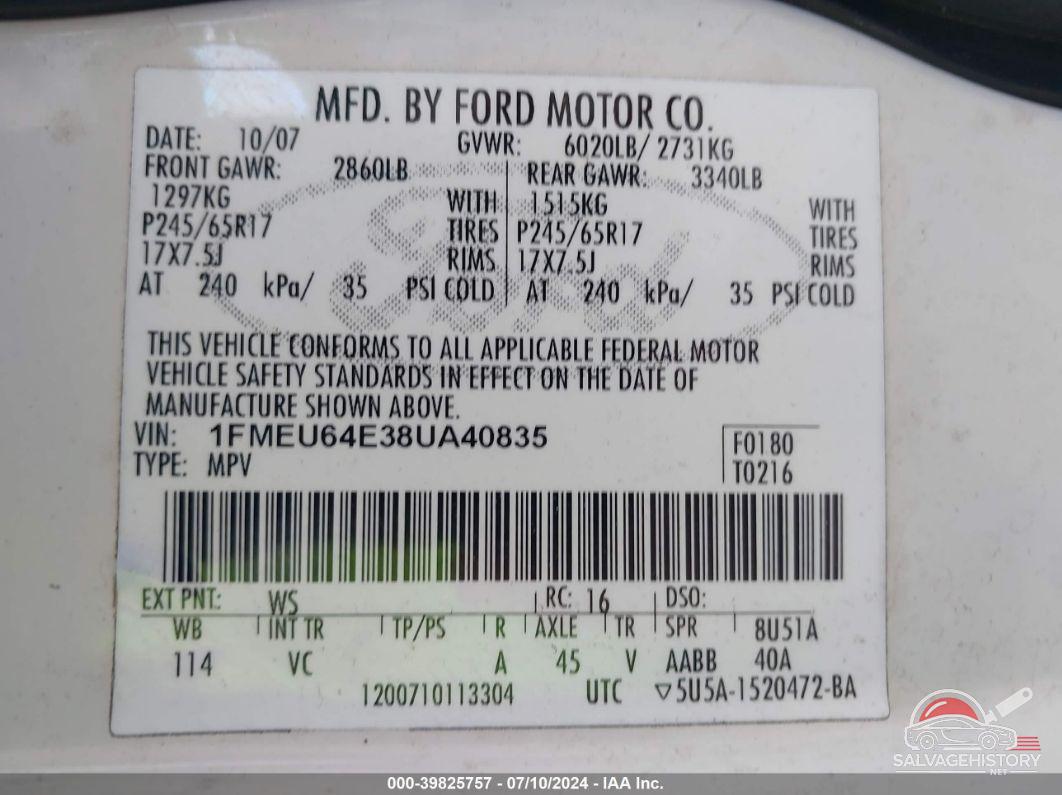1FMEU64E38UA40835 2008 FORD EXPLORER photo no. 9