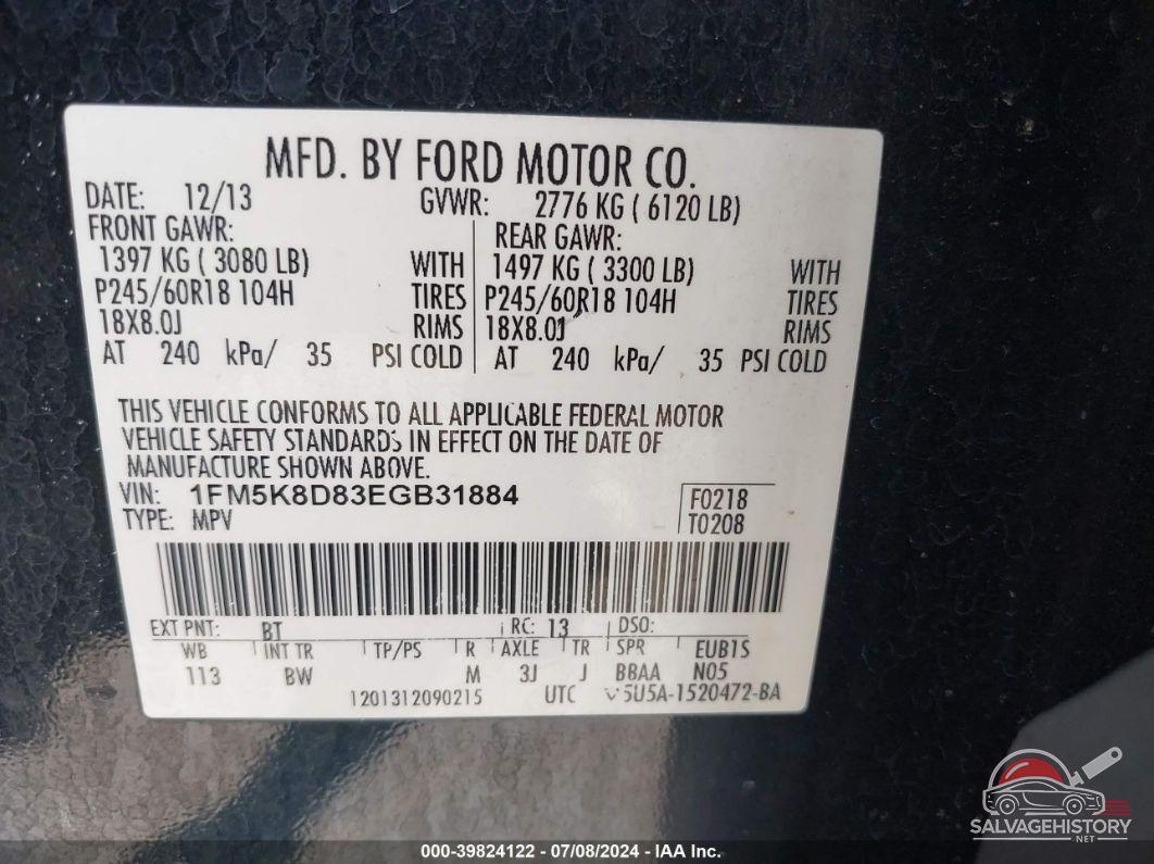 1FM5K8D83EGB31884 2014 FORD EXPLORER photo no. 9