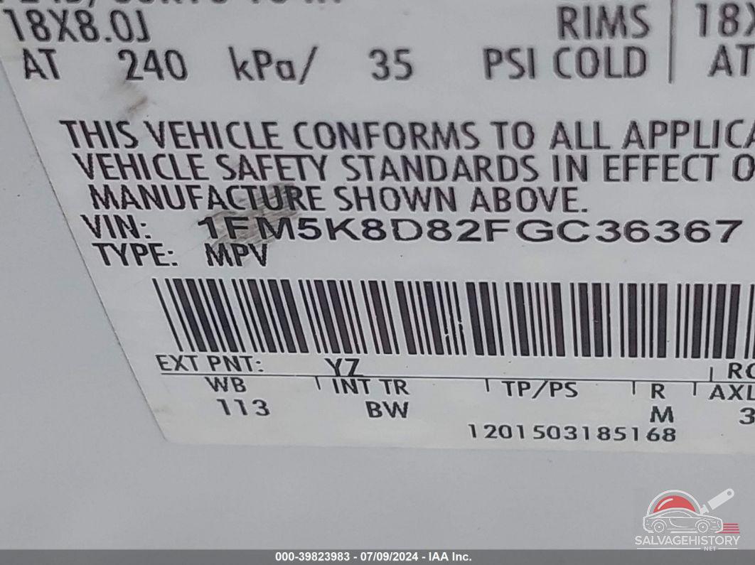 1FM5K8D82FGC36367 2015 FORD EXPLORER photo no. 9