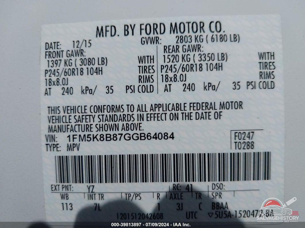1FM5K8B87GGB64084 2016 FORD EXPLORER photo no. 9