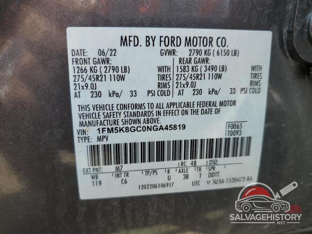 1FM5K8GC0NGA45819 2022 FORD EXPLORER photo no. 12