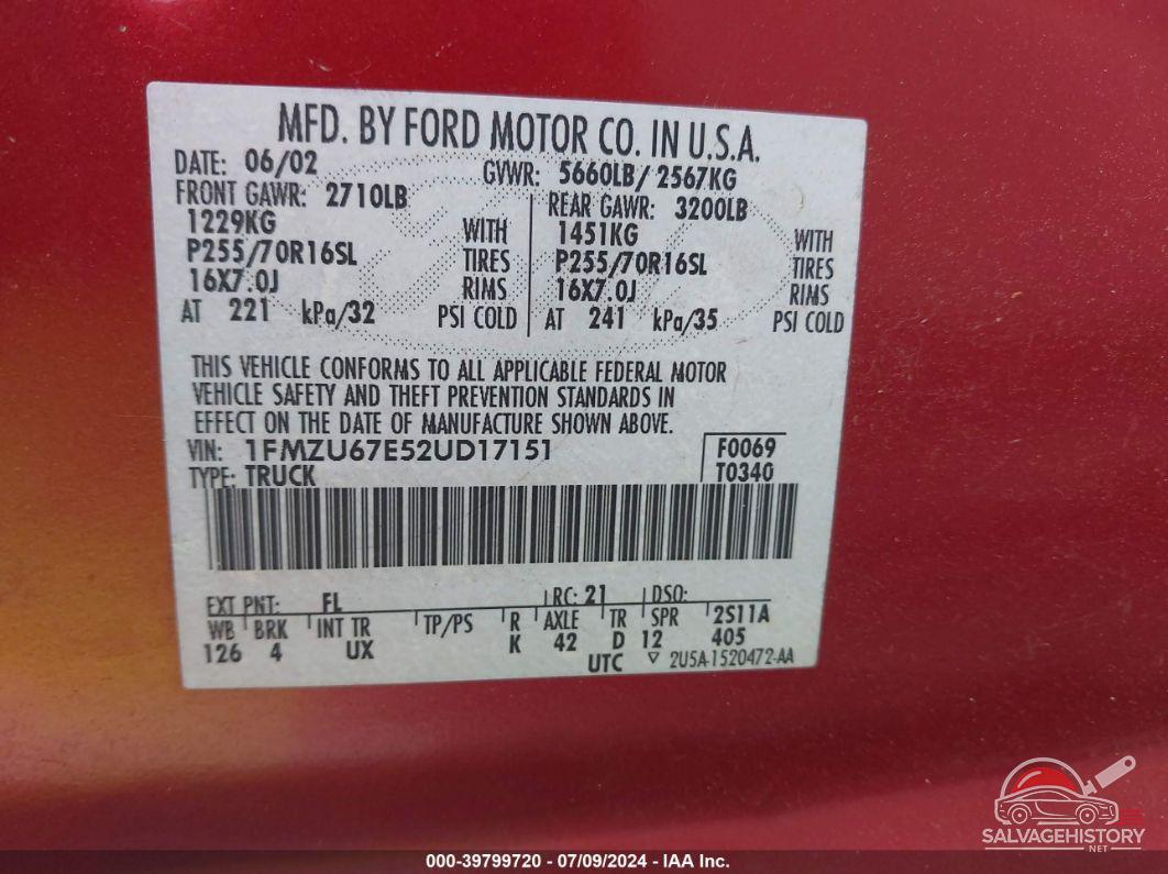 1FMZU67E52UD17151 2002 FORD EXPLORER SPORT TRAC photo no. 9