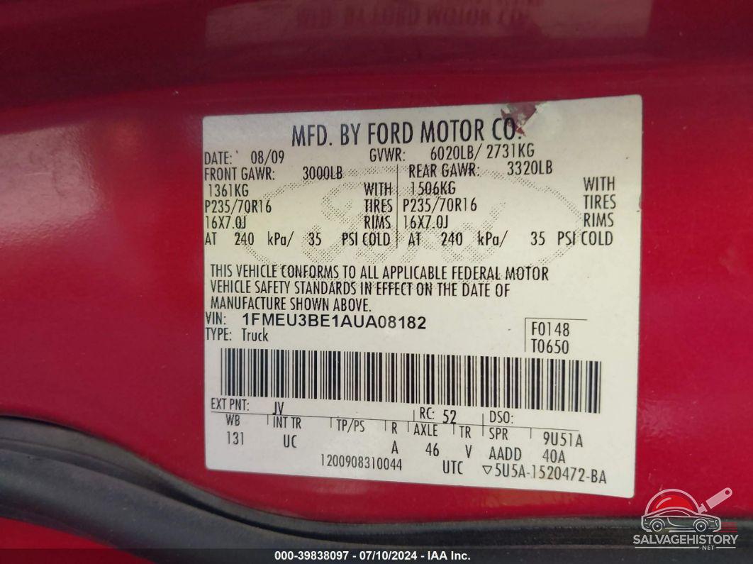 1FMEU3BE1AUA08182 2010 FORD EXPLORER SPORT TRAC photo no. 9