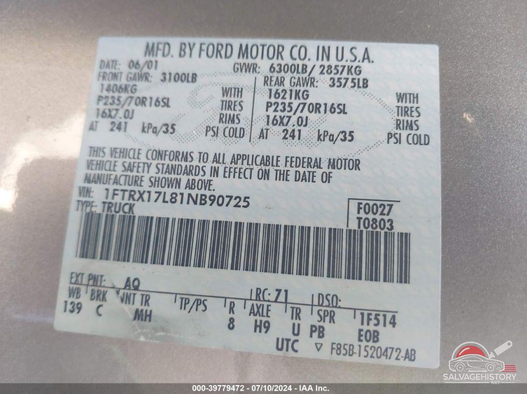 1FTRX17L81NB90725 2001 FORD F-150 photo no. 9