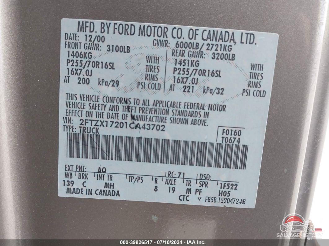 2FTZX17201CA43702 2001 FORD F-150 photo no. 9