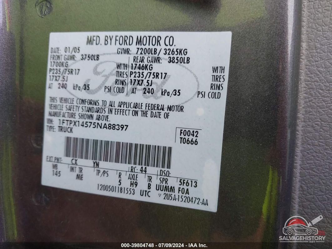 1FTPX14575NA88397 2005 FORD F-150 photo no. 9
