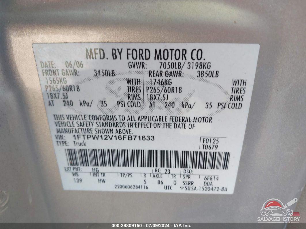 1FTPW12V16FB71633 2006 FORD F-150 photo no. 9