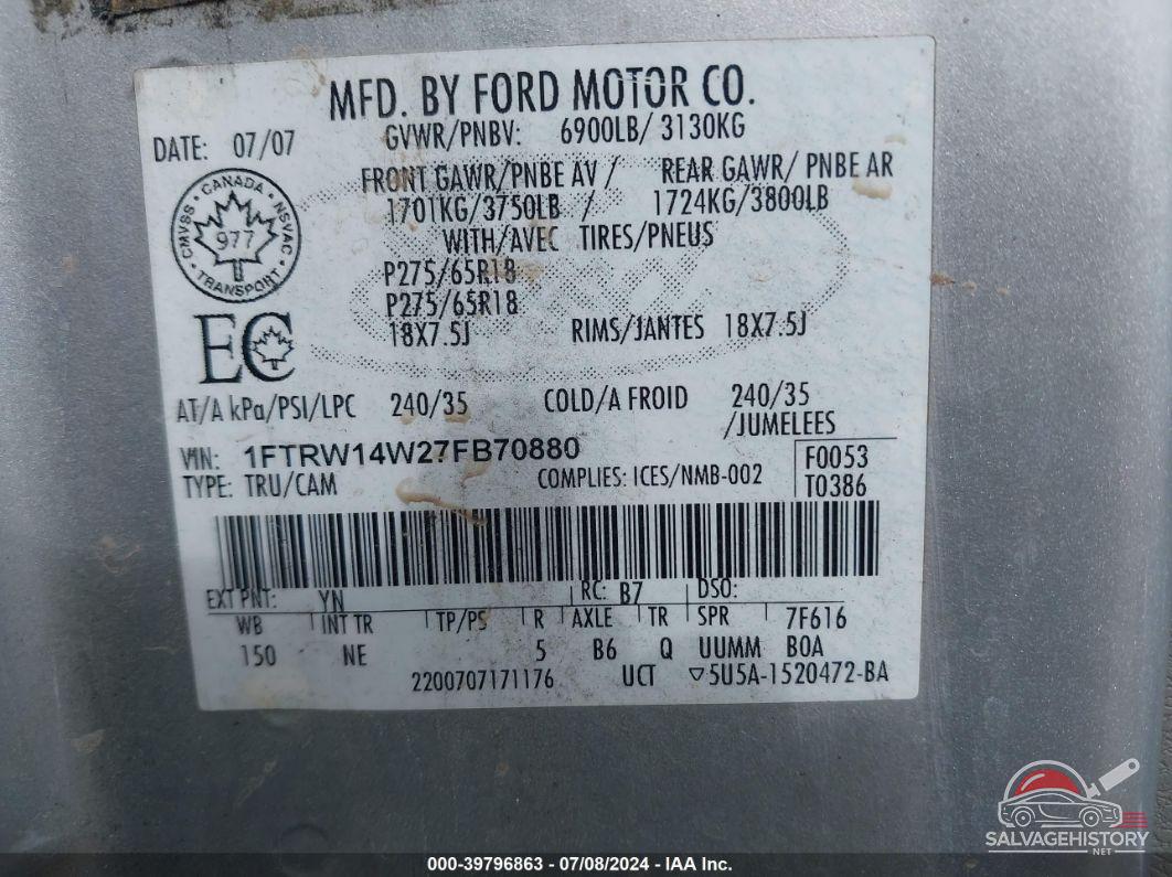 1FTRW14W27FB70880 2007 FORD F-150 photo no. 9