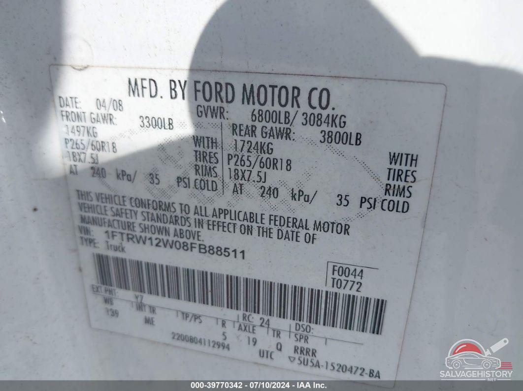 1FTRW12W08FB88511 2008 FORD F-150 photo no. 9