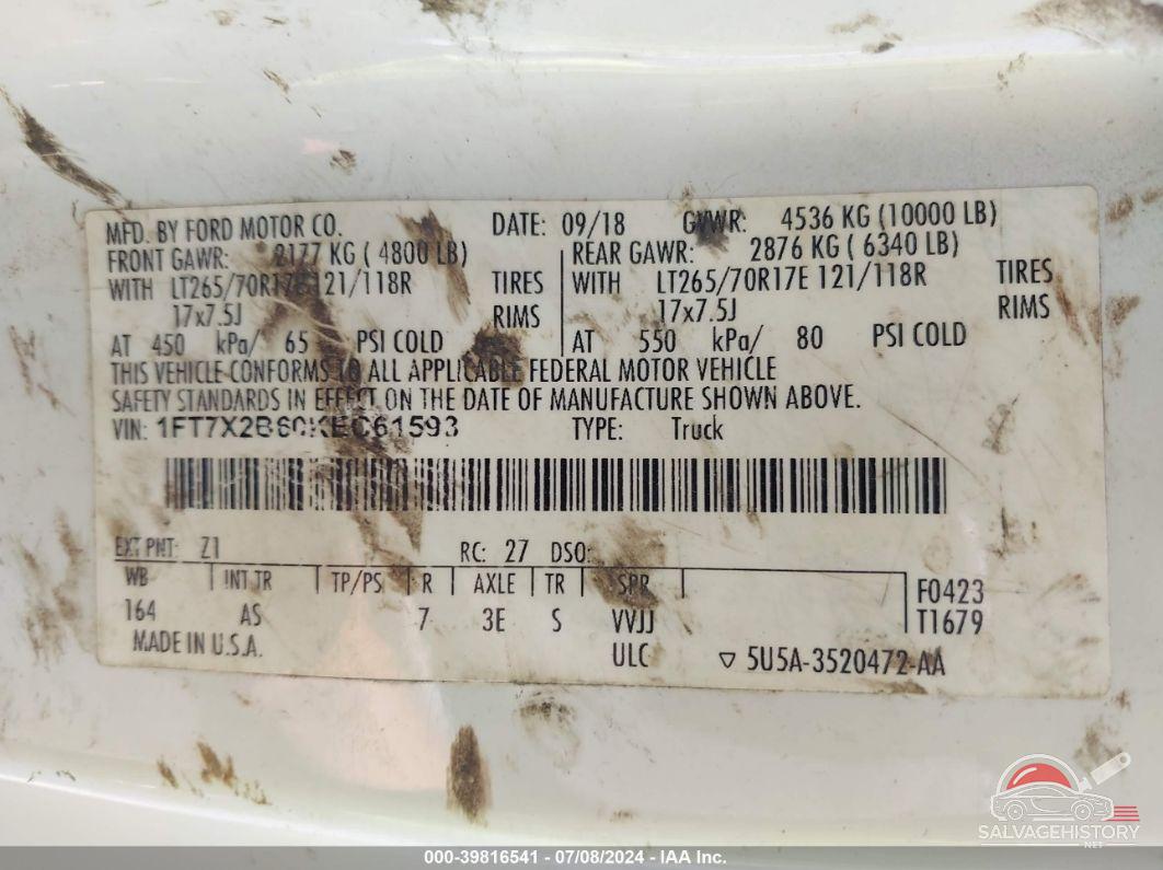 1FT7X2B60KEC61593 2019 FORD F-250 photo no. 9