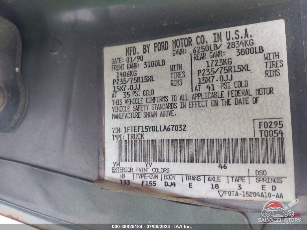 1FTEF15Y0LLA67032 1990 FORD F150 photo no. 9
