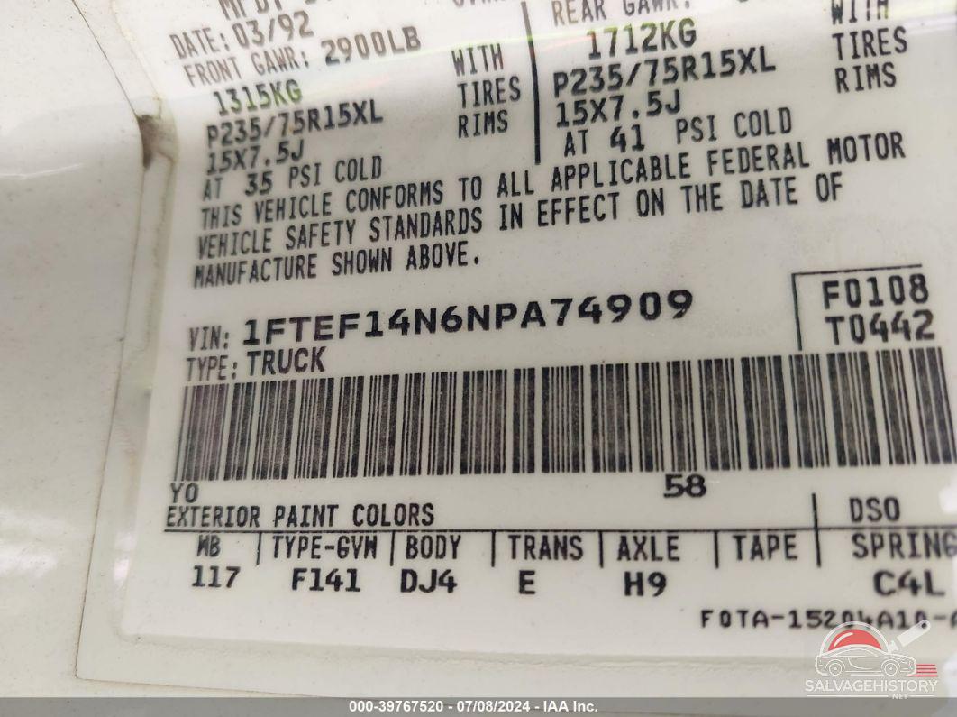 1FTEF14N6NPA74909 1992 FORD F150 photo no. 9