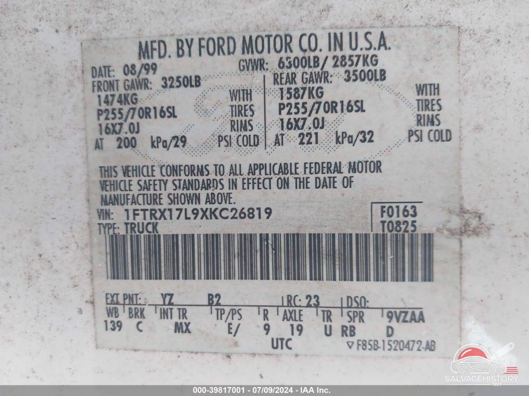 1FTRX17L9XKC26819 1999 FORD F150 photo no. 9