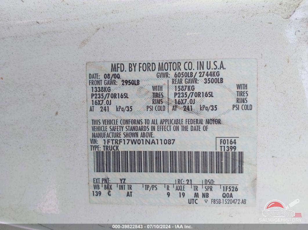 1FTRF17W01NA11087 2001 FORD F150 photo no. 9