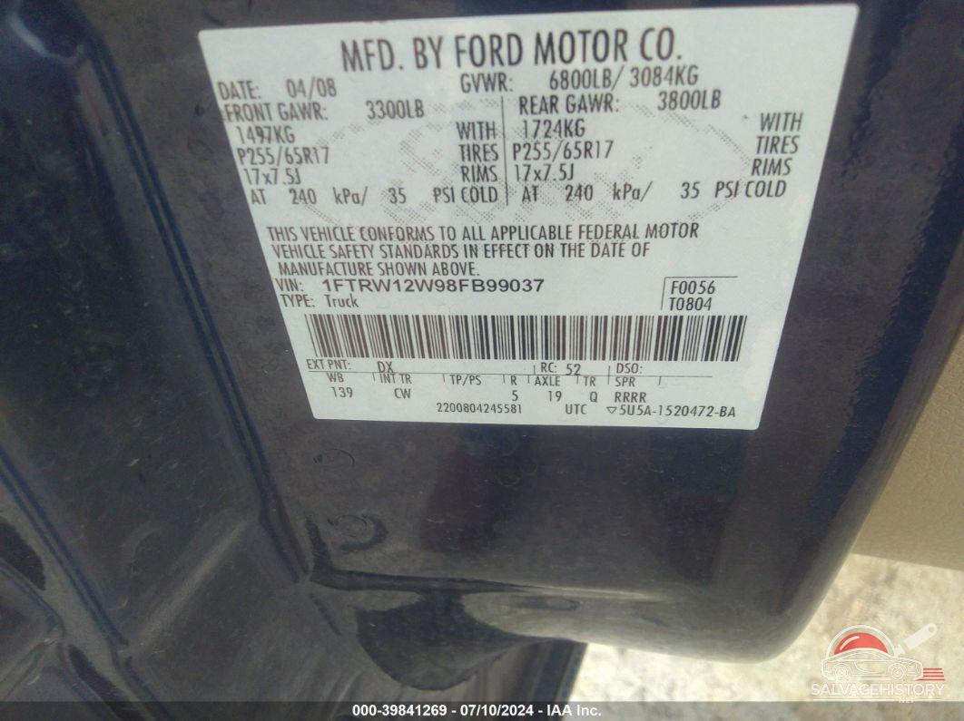 1FTRW12W98FB99037 2008 FORD F150 photo no. 9