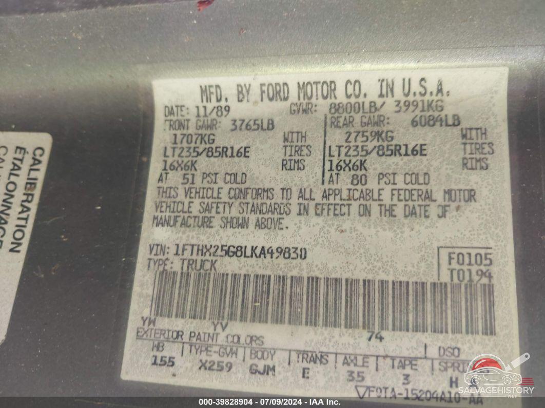 1FTHX25G8LKA49830 1990 FORD F250 photo no. 9