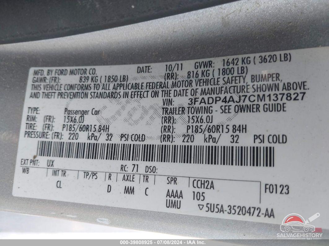 3FADP4AJ7CM137827 2012 FORD FIESTA photo no. 9