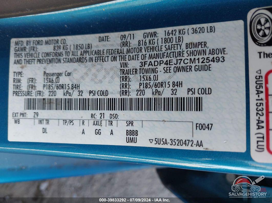 3FADP4EJ7CM125493 2012 FORD FIESTA photo no. 9